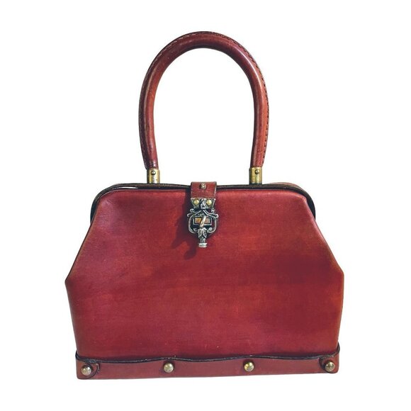 Vintage Handbags - VIntage Etienne Aigner Leather Frame Bag Studded Red Cognac 1960s